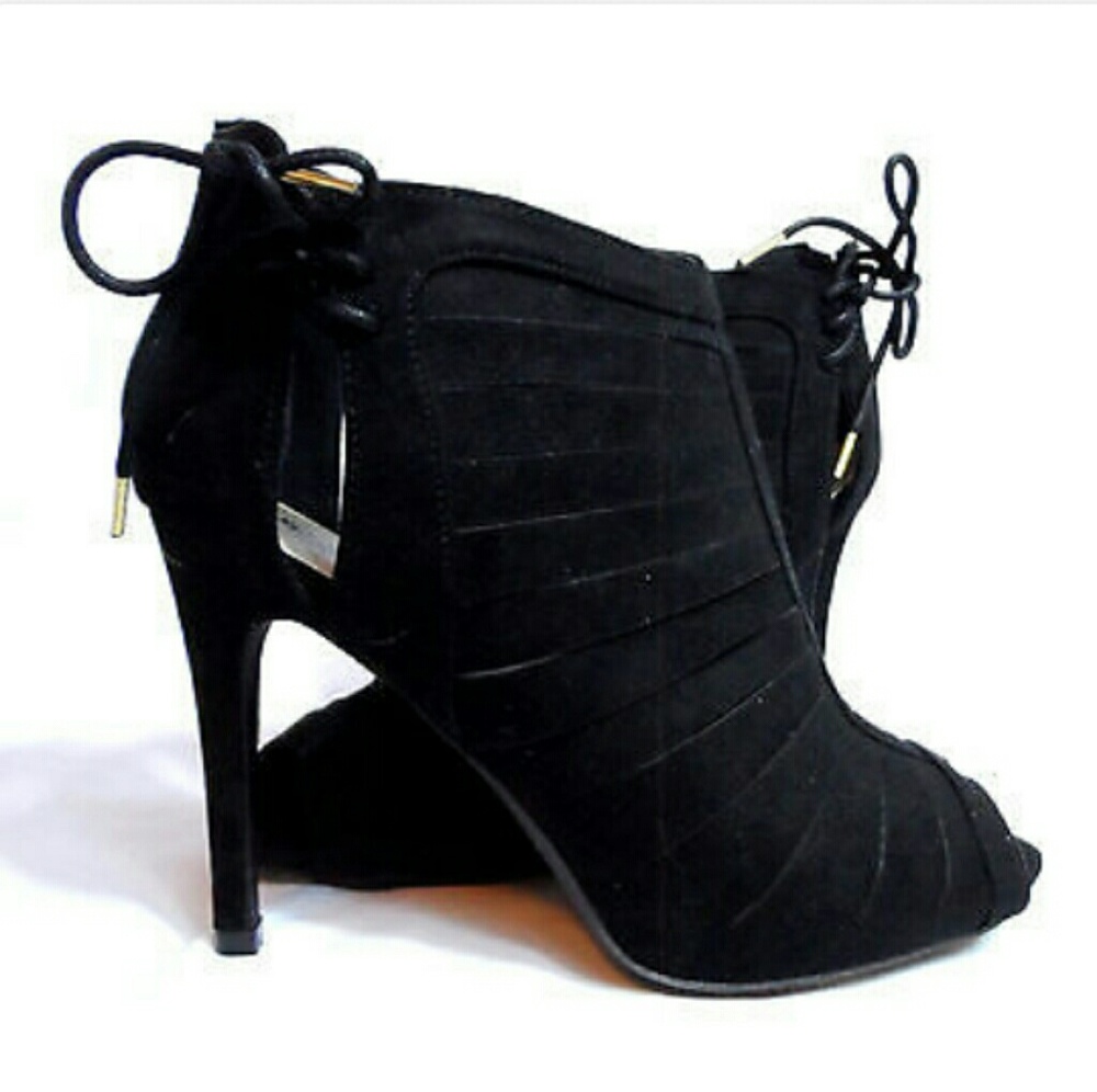 QUPID Bootie Stilleto High Heels Spiked Heel Black Zipper & Bows Velvet Slashed - Picture 1 of 7